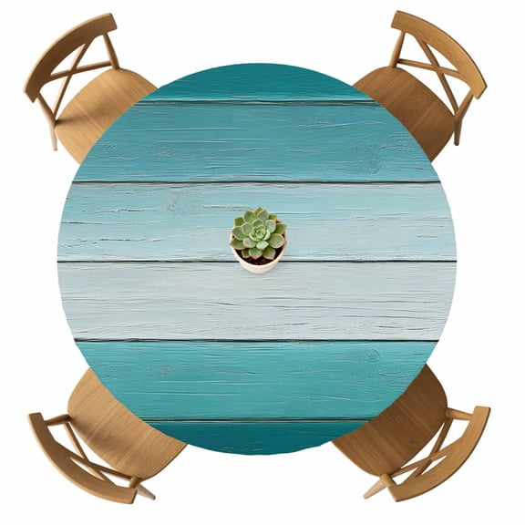 Round Fitted Tablecloth with Elastic Teal Wood Grain Tablecloths Waterproof Oil Proof Blue Ombre Wooden Table Cover for Kitchen Dinner Holiday Party Picnic Fits Tables up to 36"- 44" Diameter