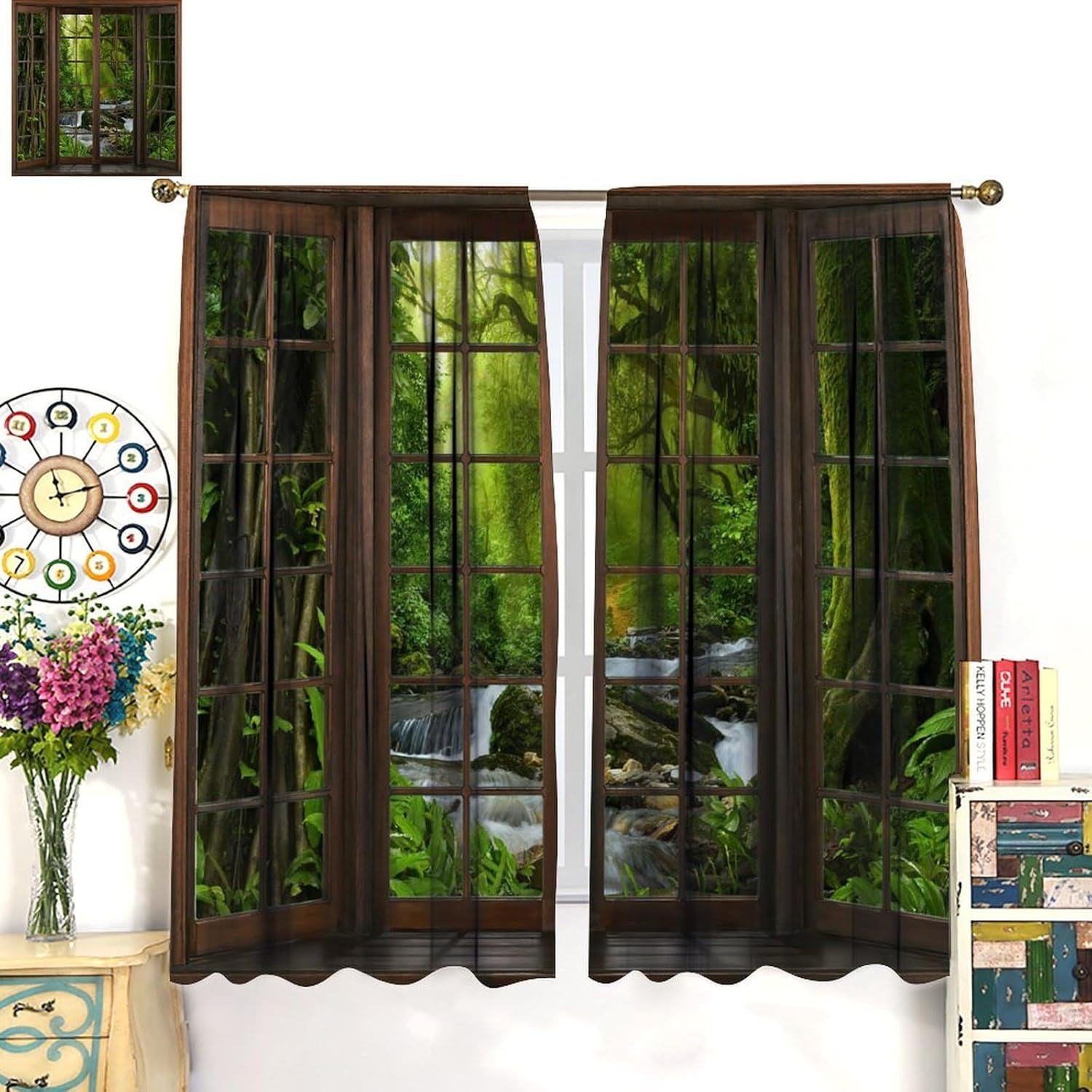 Natural Forest Scenery Curtains, Beautiful Waterfalls Through Windows Forest Nature Theme, Blackout Curtains for Bedroom Living Room84X84 Inch