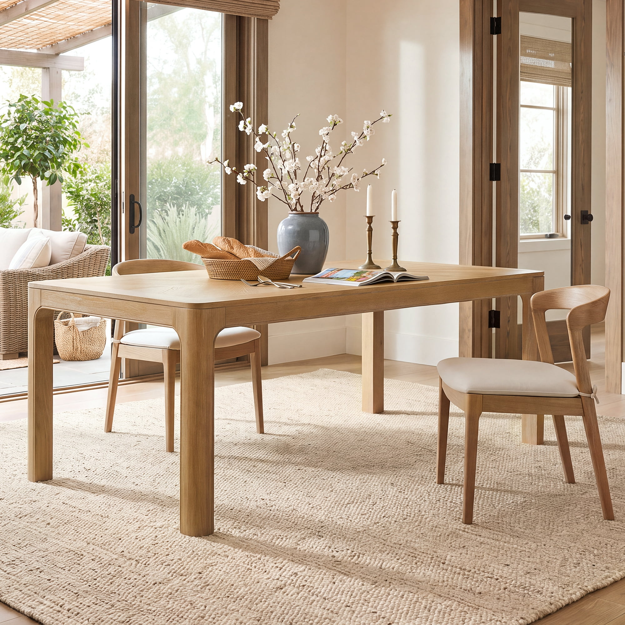 Euroco 60" Rectangular Dining Table for 4-6 Person,Farmhouse Wood Kitchen Table with Rounded Corners and Curved Leg for Kitchen Living Room,Natural