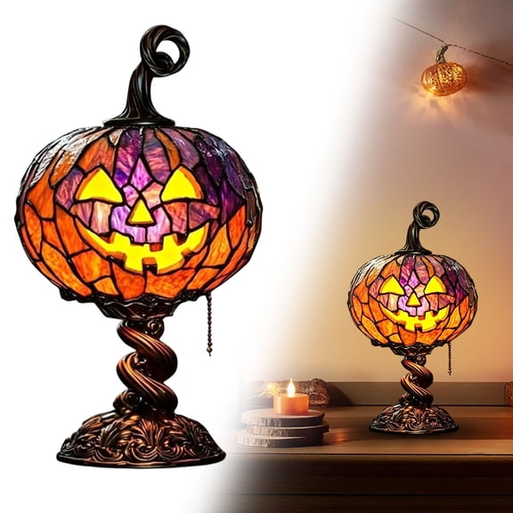 Halloween Tiffany Stained Glass Style Table Lamp, 8.66 Inch Resin Skeleton Base Night Light with Pumpkin Ghost Bat Shade, Gothic Halloween Decorative Desk Lamp for Bedroom, Mantel, Shelf, Tabletop