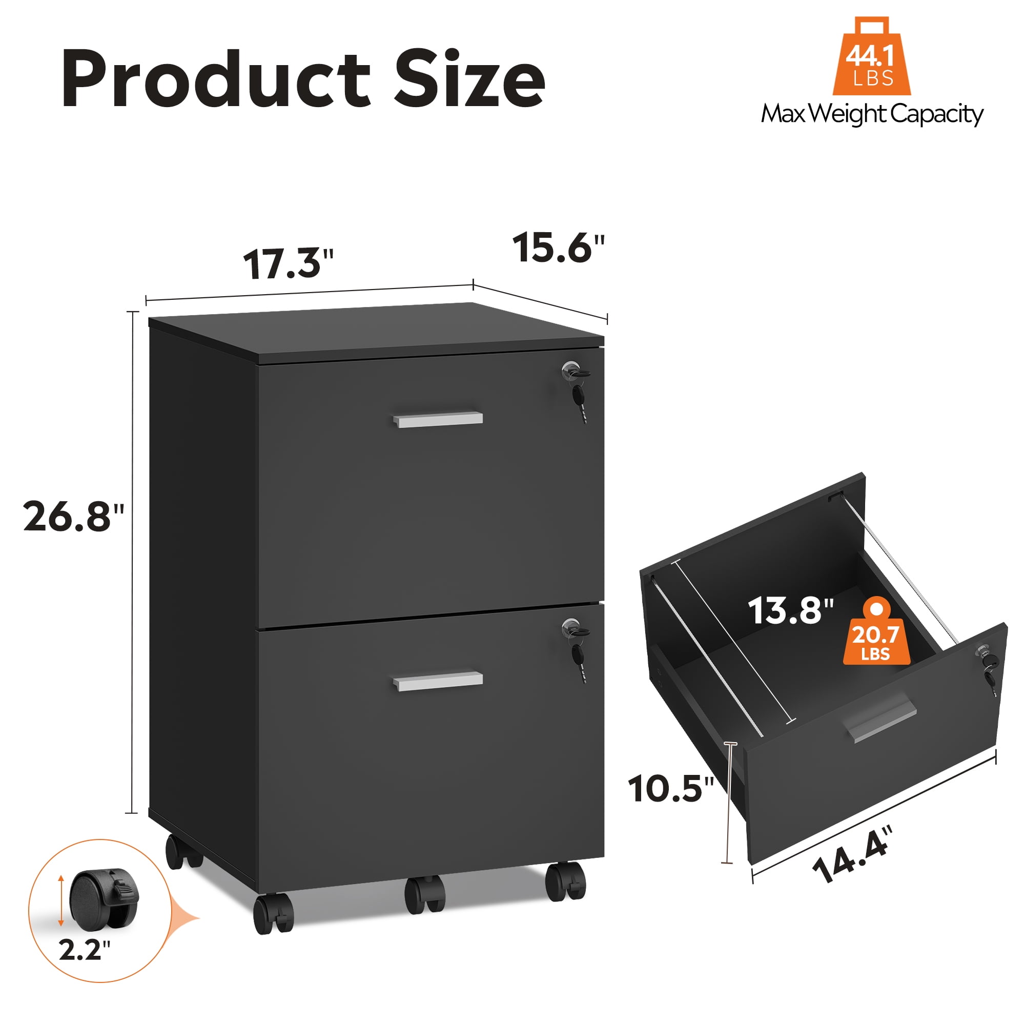 GALAXHERO 2 Drawer Filing Cabinet with Lock, Wooden Printer Stand with Storage for Home Office, Mobile Locking File Cabinet Fits Letter/A4 Hanging Files, Black
