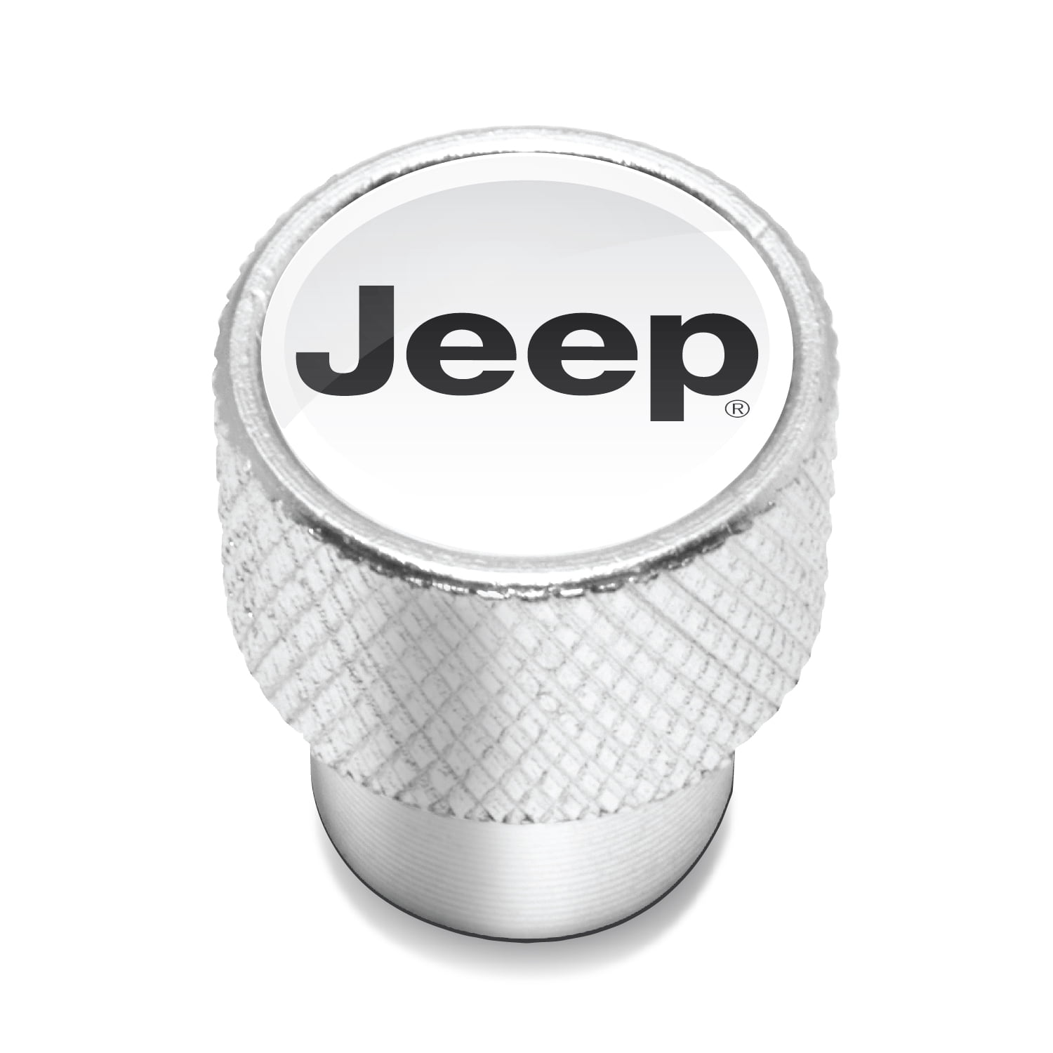 Jeep in White on Shining Silver Aluminum Tire Valve Stem Caps