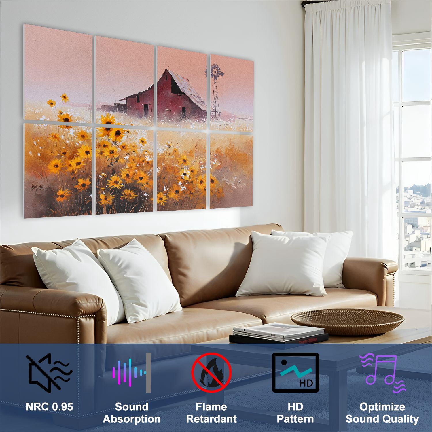 8 Pack Art Acoustic Panels Sound Absorbing Tranquil Western Landscape Sunflowers Windmill Decorative Soundproof Wall Panels Self Adhesive for Bedroom Home Office 48"x32"