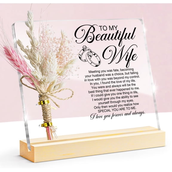 Gifts for Wife From Husband, Romantic Wife Gifts From Husband, Cool Wife Birthday Gifts, to My Wife Acrylic Plaque Sign Gift for Wife, with Dried Flower Bouquet