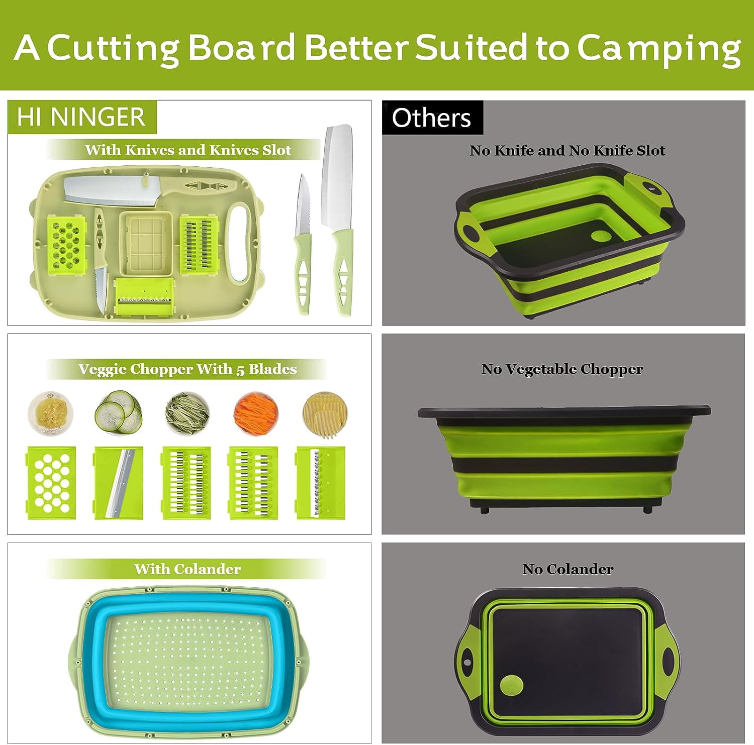 Camping Cutting Board, 9-in-1 Collapsible Chopping Board with Colander,Camping Gifts for Campers Happy Camper,Camping Accessories for RV Campers (Grey