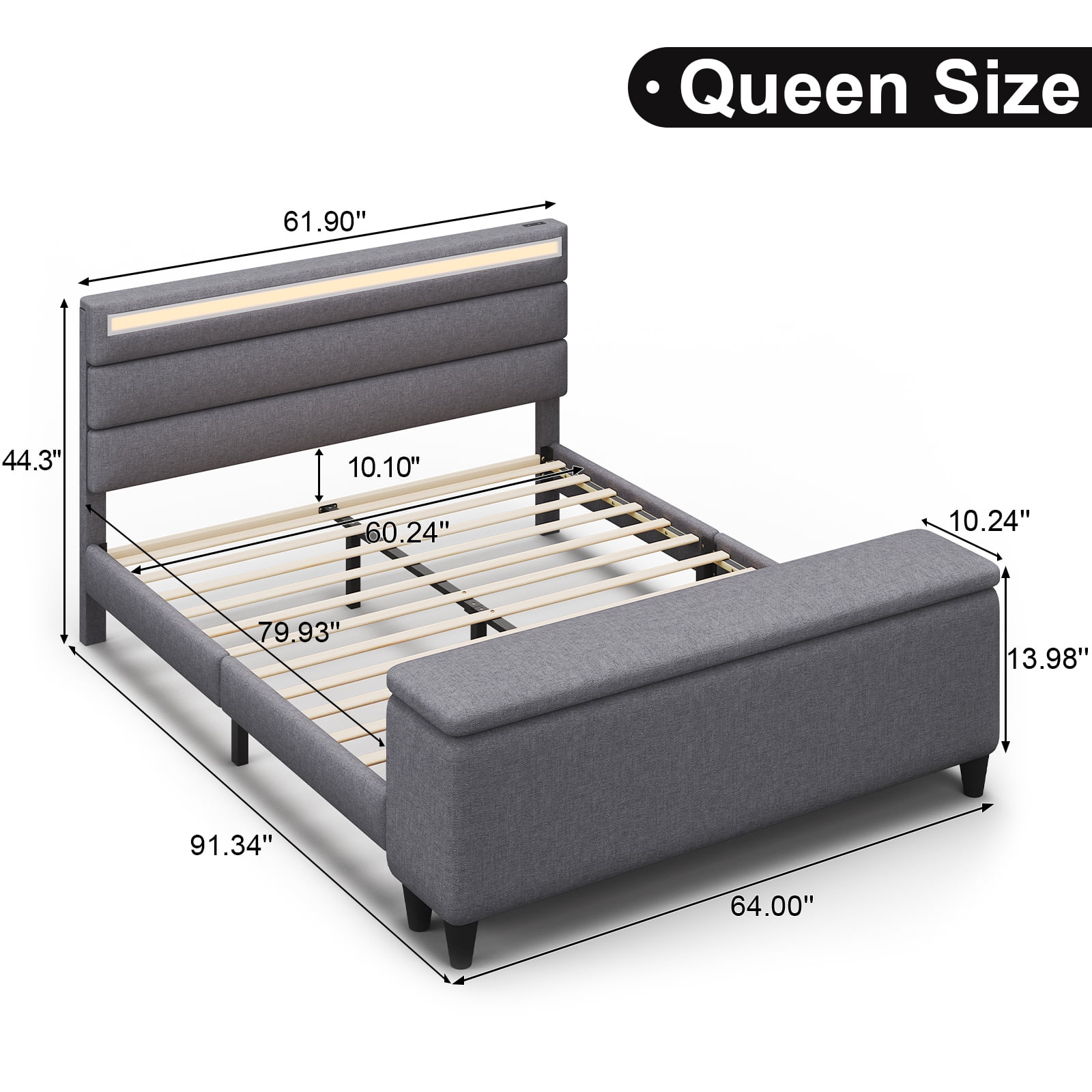 E-motie Queen Upholstered Bed Frame with Storage Ottoman, Charging Station and LED, Gray Queen Bed