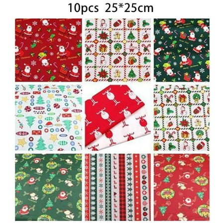 10Pcs Christmas Fabric Fat Quarters Bundle Christmas Patterned Cotton Fabric Santa Claus Snowman Christmas Tree Print Quilting Fabric Cloth for Christmas Sewing Patchwork DIY Yard (10 x 10 Inch)