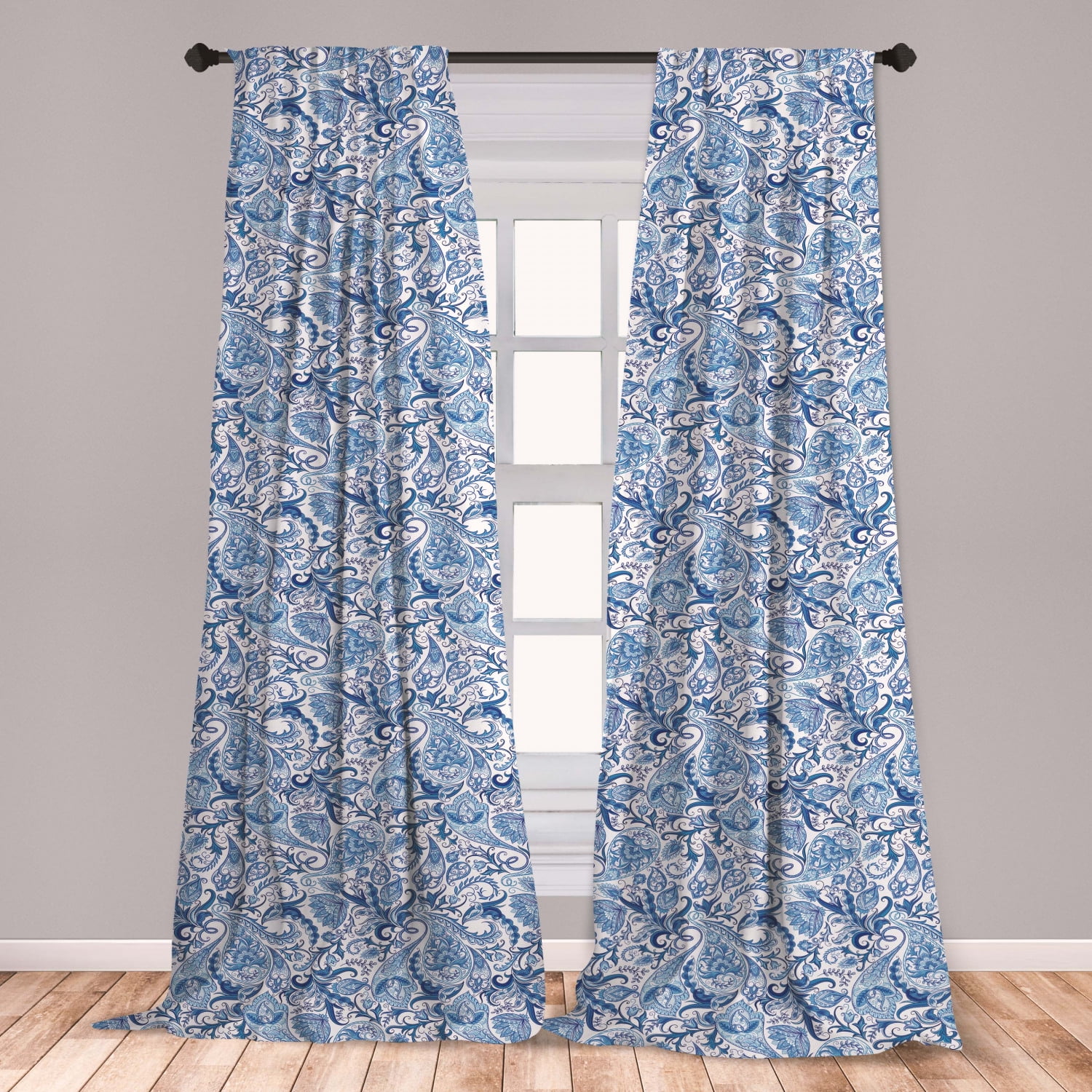 Paisley Curtains 2 Panels Set, Native Pattern in Blue Tones Nature Themed Print, Window Drapes