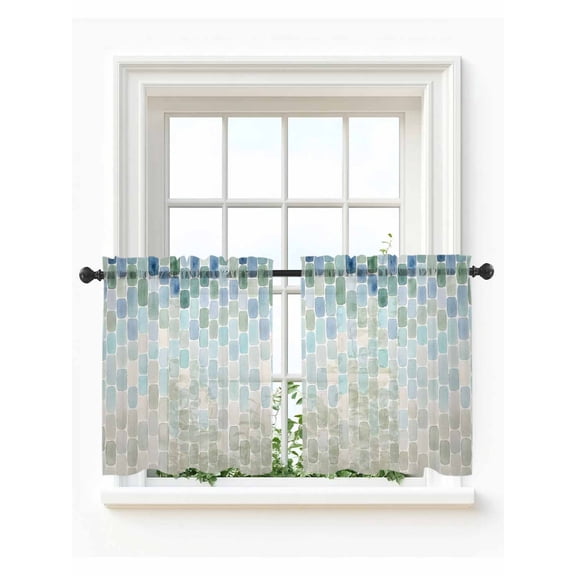 Green Blue Geometric Tier Curtains 36 Inch Length, Sheer Curtains for Bedroom Living Room Window Modern Abstract Ombre Rod Pocket Voile Drapes Kitchen Curtains Small Half Window 27.5"x36" 2 Panels