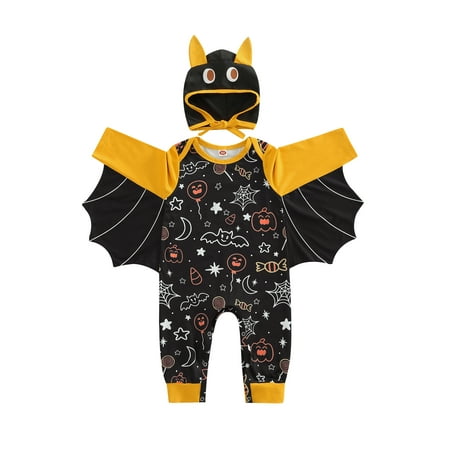 

Meihuida Baby Romper Halloween Print Bat Wings Design Long Sleeve Crew Neck Jumpsuit + Cute Hat
