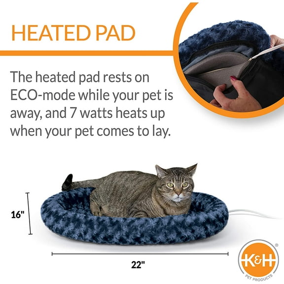 Bolster Heated Bed for Indoor Cats, Thermo-Kitty Fashion Splash Orthopedic Foam Heated Pet Bed for Large Cats, Dogs, Waterproof Pet , Safety Listed - Large 16 X 22in Blue