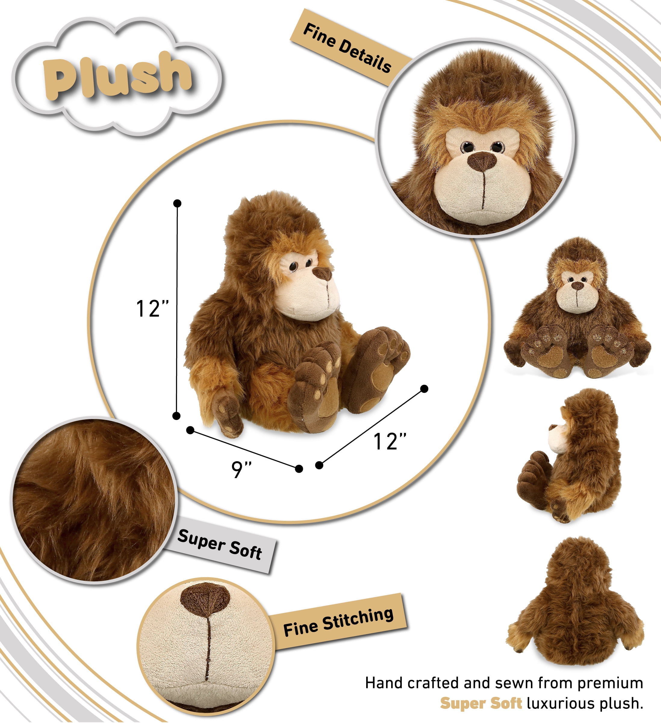 DolliBu Big Foot Super Soft Stuffed Animal, Cute Realistic Ape-Like Stuffed Animals for Girls, Boys, Cute Adults Animal Gifts, Kids Nursery Decor for Newborn, Cuddly Soft Baby Plush Toys - 12 Inches