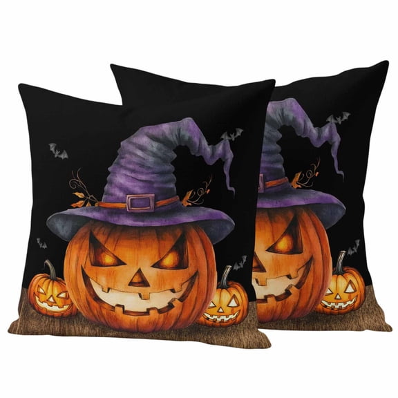 Halloween Outdoor Waterproof Pillow Covers, Orange Fall Pumpkin Witch Hat Bat Black Decorative Square Throw Pillowcase Sofa Cushion Sham for Patio/Couch/Chair, 18"x18" 2 Pack
