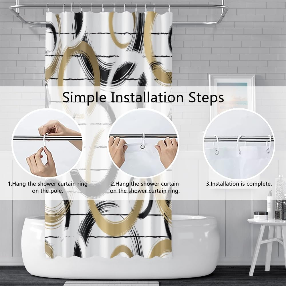 Modern Abstract Style Shower Curtain Black White Round Pattern Geometric Lines Shower Curtains for Art Aesthetic Bathroom Waterproof Fabric Decor Set with Hooks, 36W x 72H Inch
