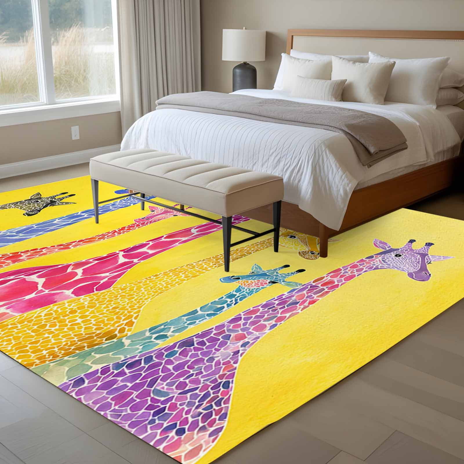 8x10 Area Rugs for Living Room, Colorful Giraffe Non Slip Area Rugs for Kitchen Bedroom Entryway, Watercolor Cute Cartoon Yellow Washable Carpet Runner Rug Floor Mats for Bedroom Home Decor
