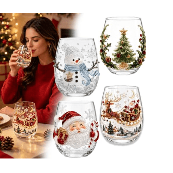 3D Christmas Glass Art Cup, Santa Snowman Reindeer Tree Stemless Wine Glasses, Versatile 3D Drinking Glass for Coffee Cocktails Whiskey, Holiday Christmas Gift
