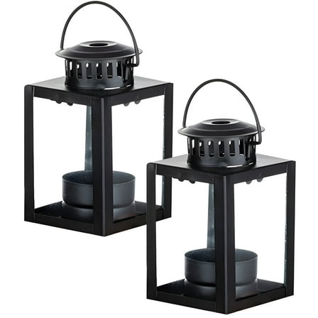 2 Pcs Black Metal Candles Lanterns - Rustic Hanging Candle Holders, Iron Frame Hanging Lanterns for Garden for Indoor/Outdoor, Vintage Square Glass Panel Lanterns with Hook (6.5 Inch