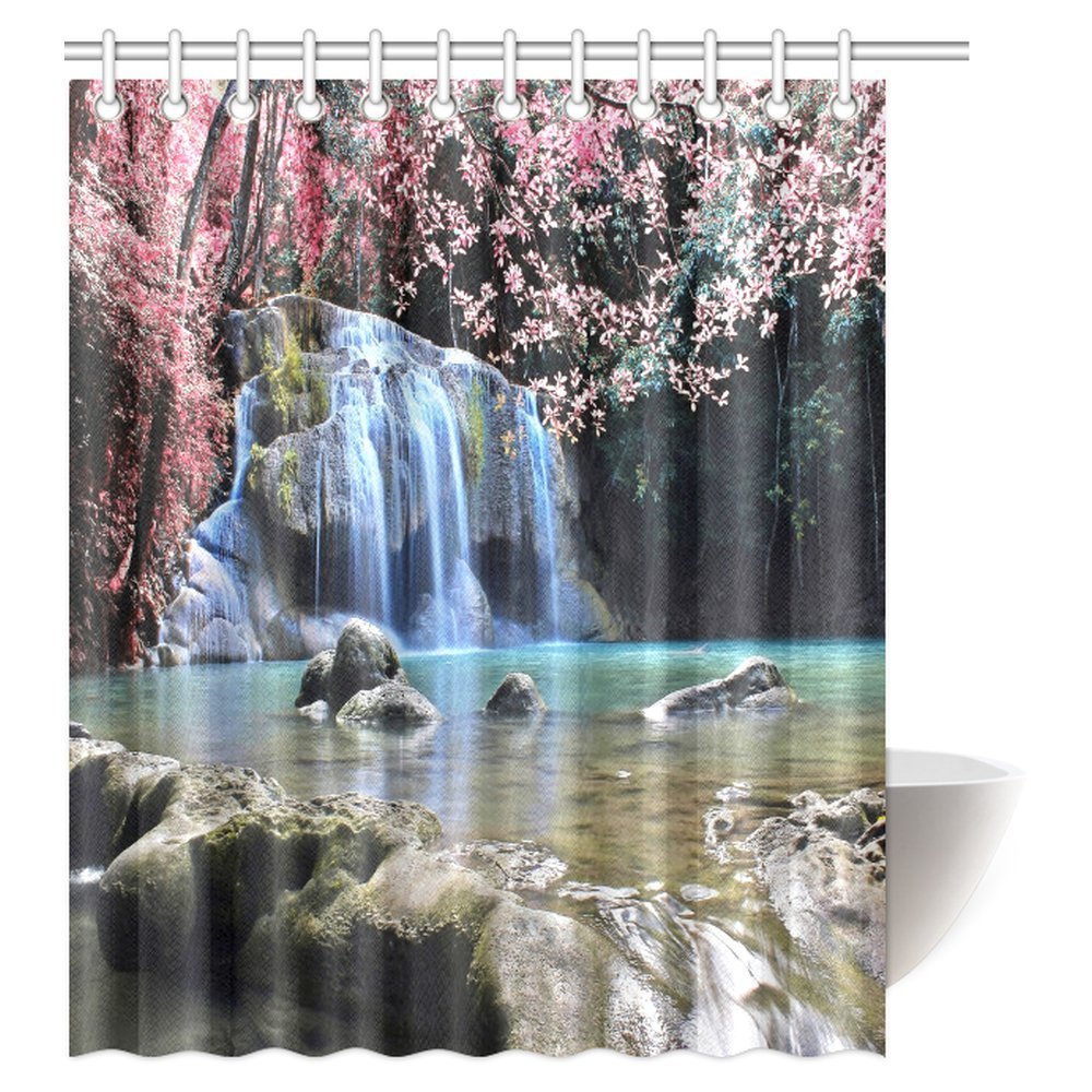 MYPOP Waterfall Decor Shower Curtain, Deep Forest Waterfall National