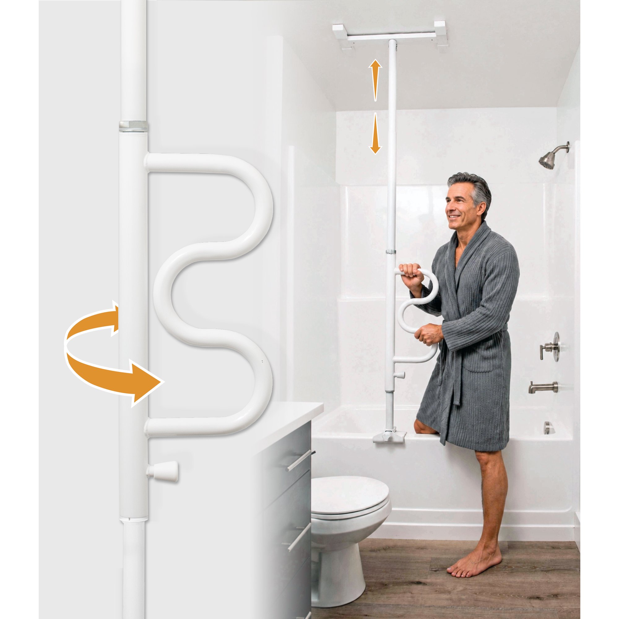 Stander Wonder Bathtub Pole Plus with Rotating Double Grab Bar, Adjustable Shower Handle for Bathtubs, Clamp-on Bathroom Safety Rail for Seniors & Elderly Adults, No-Drill Installation, White