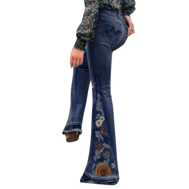 Pantalones vaqueros acampanados con bordado destoryed para mujer, pantalones vaqueros con botones en la cintura y campana inferior Fridja hfkajh103531