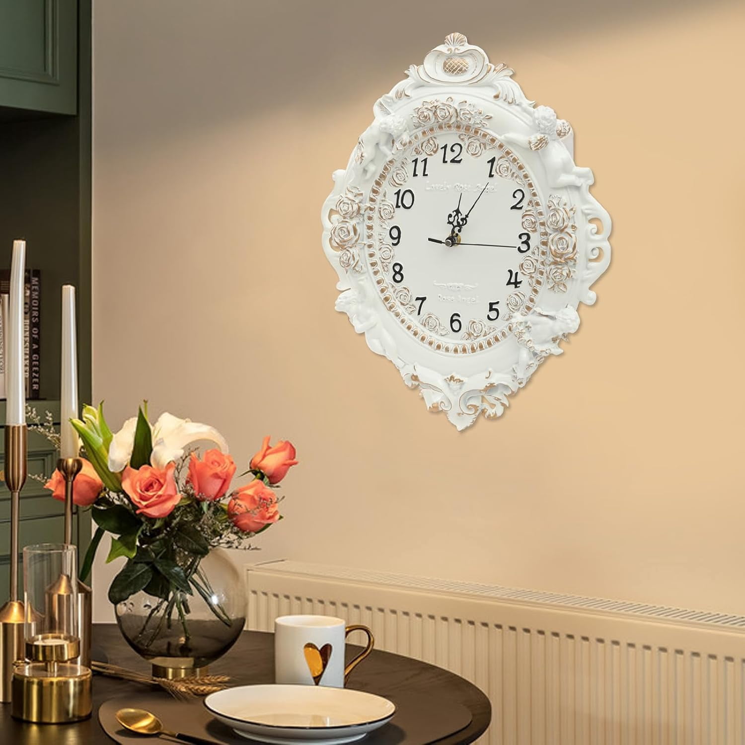Decorative Wall Clock, European Style Off-White Ellipse Wall Clock for Home and Office Decor, Silent Quartz Movement Resin Wall-Mounted Clock for Living Room