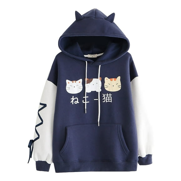 Women Hooded Cat Cute Cotton Sleeve Tops Blouse Fashion Sweatshirt