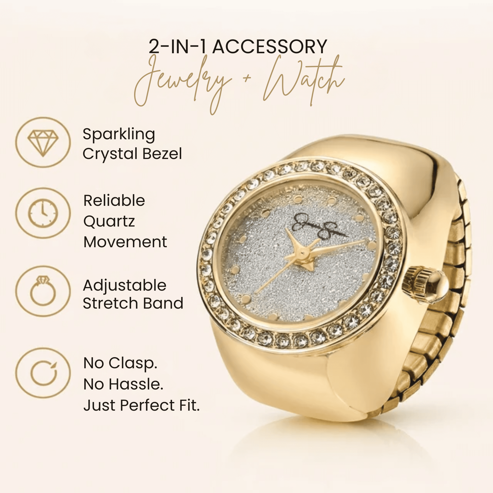 Jessica Simpson Women's Gold Adjustable Ring Watch – Crystal Bezel, Quartz Analog Mini Dial, Stretch Band Fashion Jewelry Accessory