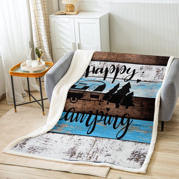 Happy Camping Blanket Throw RV Trailer Camper Sherpa Blanket Sofa Bed