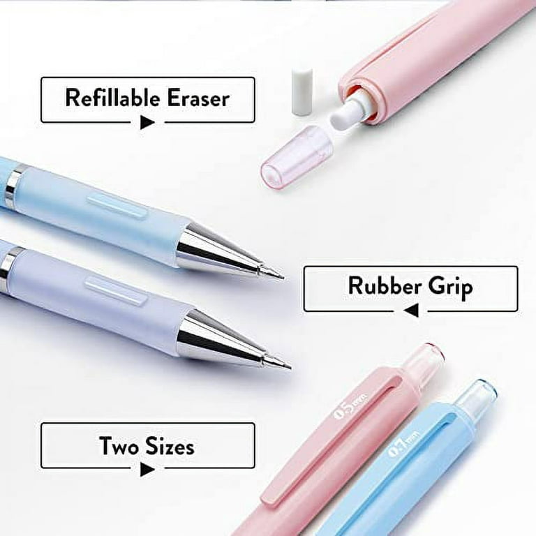 Four Candies Cute Mechanical Pencil Set, 6PCS Pastel Pencils 0.5mm & 0.7mm  with 360PCS HB Pencil Leads, 3PCS Erasers and 9PCS Eraser Refills