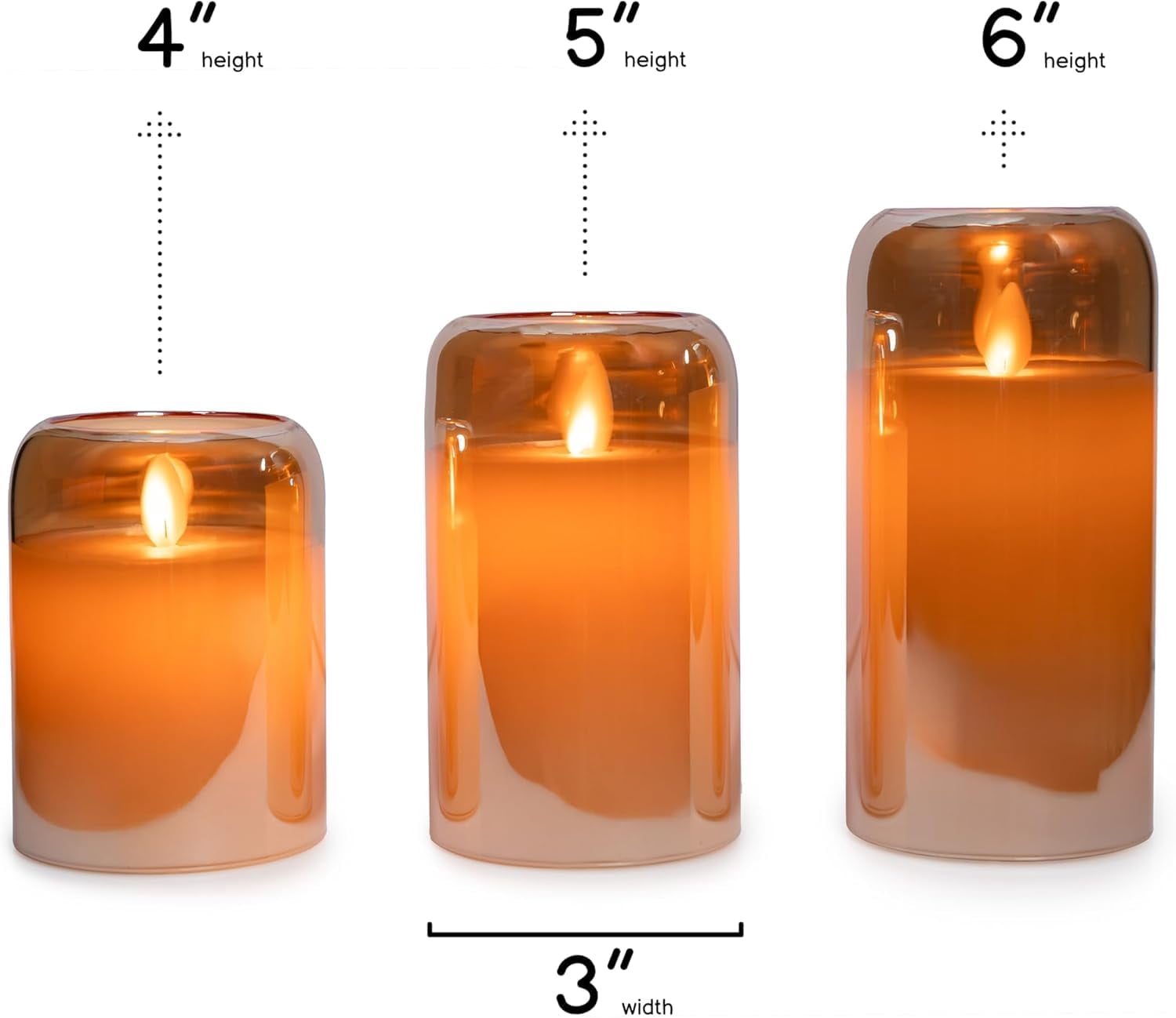 WYZworks LED Mirrored Glass Round Hurricane Pillar Flameless Candles, Real Wax Realistic Wick Flickering Flame, Battery Operated (Included), Remote & Timer (Set of 3, Gold Tinted Metallic)