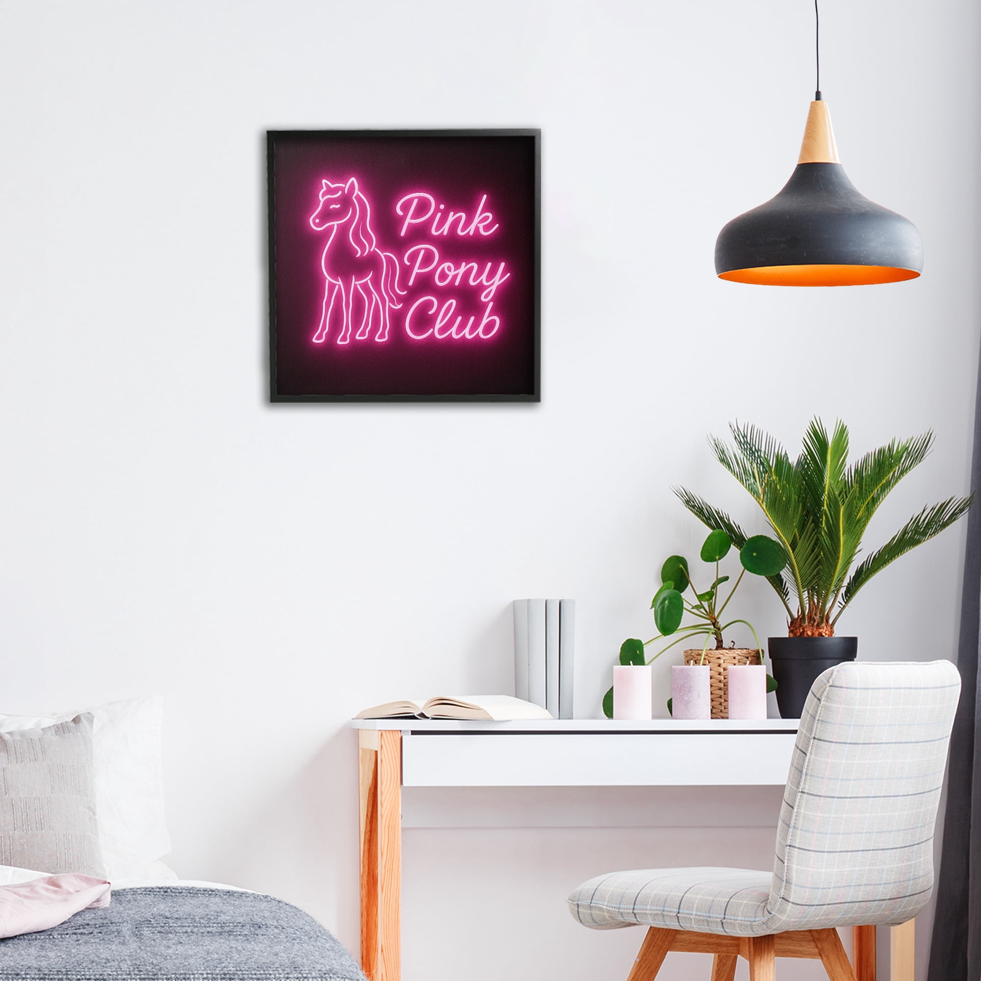 Stupell Industries Pink Pony Club Neon Black Framed Giclee Art, design by Grotto Studios