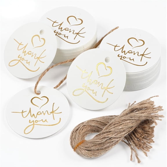 Thank You Tags with String, Premium Round Gift Tags, White Paper Gold Foil Thank You for Coming Tag, Personalized Gift Tag for Wedding, Birthday, Party Favors