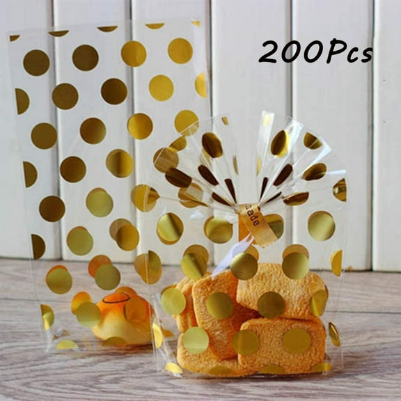 AMERTEER 200pcs Clear Cello Bags Plastic Gold Polka Dot Candy Bags 5.1*8.3 inch for Treat Candy Cookie Bakery Party Favor Bags Snack Wrapping,Bakery, Cookies, Candies Chocolate