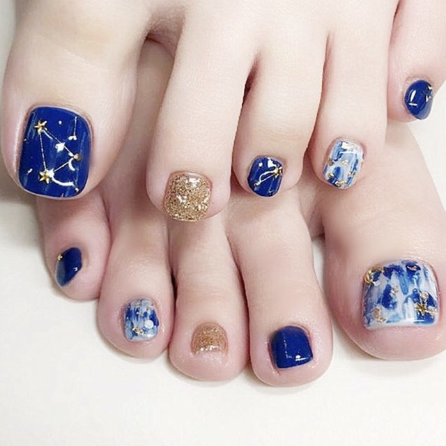 24 Uds. De uñas postizas para pies con purpurina dorada azul estrellada, prensa brillante en puntas postizas para uñas JAMW Sencillez