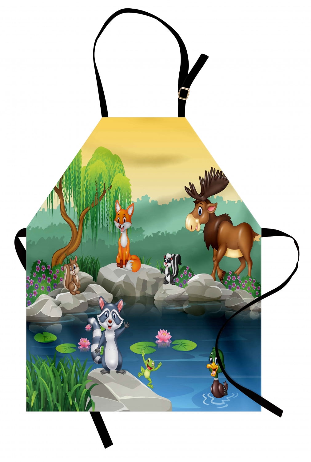 Cartoon Apron Funny Mascots Animals by the Lake Moose Fox Squirrel Raccoon Kids Nursery Theme, Unisex Kitchen Bib Apron with Adjustable Neck for Cooking Baking Gardening, Multicolor, by Ambesonne