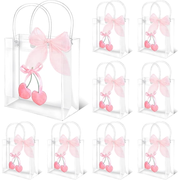 12 Pcs Pink Bow Cherry Clear PVC Gift Bags Coquette Bowknot Cherry Party Favor Bags with Handles Treat Tote Bag with Ribbon for Birthday Baby Shower Bachelorette