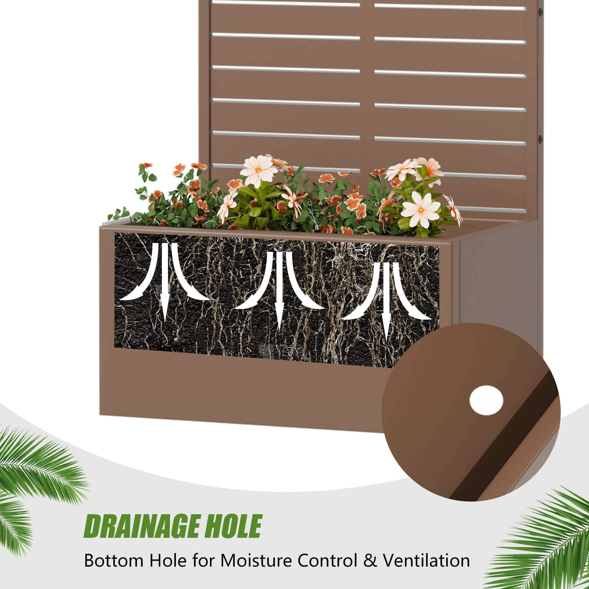 MAYEERTY 47x24 Brown Rectangular Iron Planter Box with Trellis, 2 Piece Set Decorative Garden Screen for Patio and Balcony