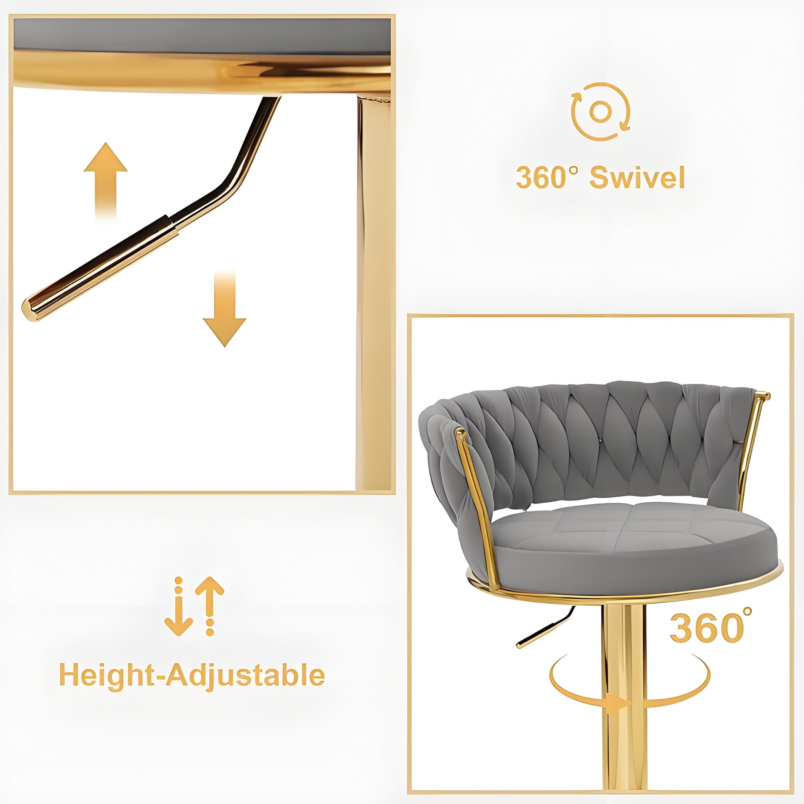 Howcool Velvet Swivel Bar Stools Set of 2 with Back and Arms, Adjustable Counter Height Kitchen Island Chairs with Gold Metal Legs & Base for Home Bar Dining Room