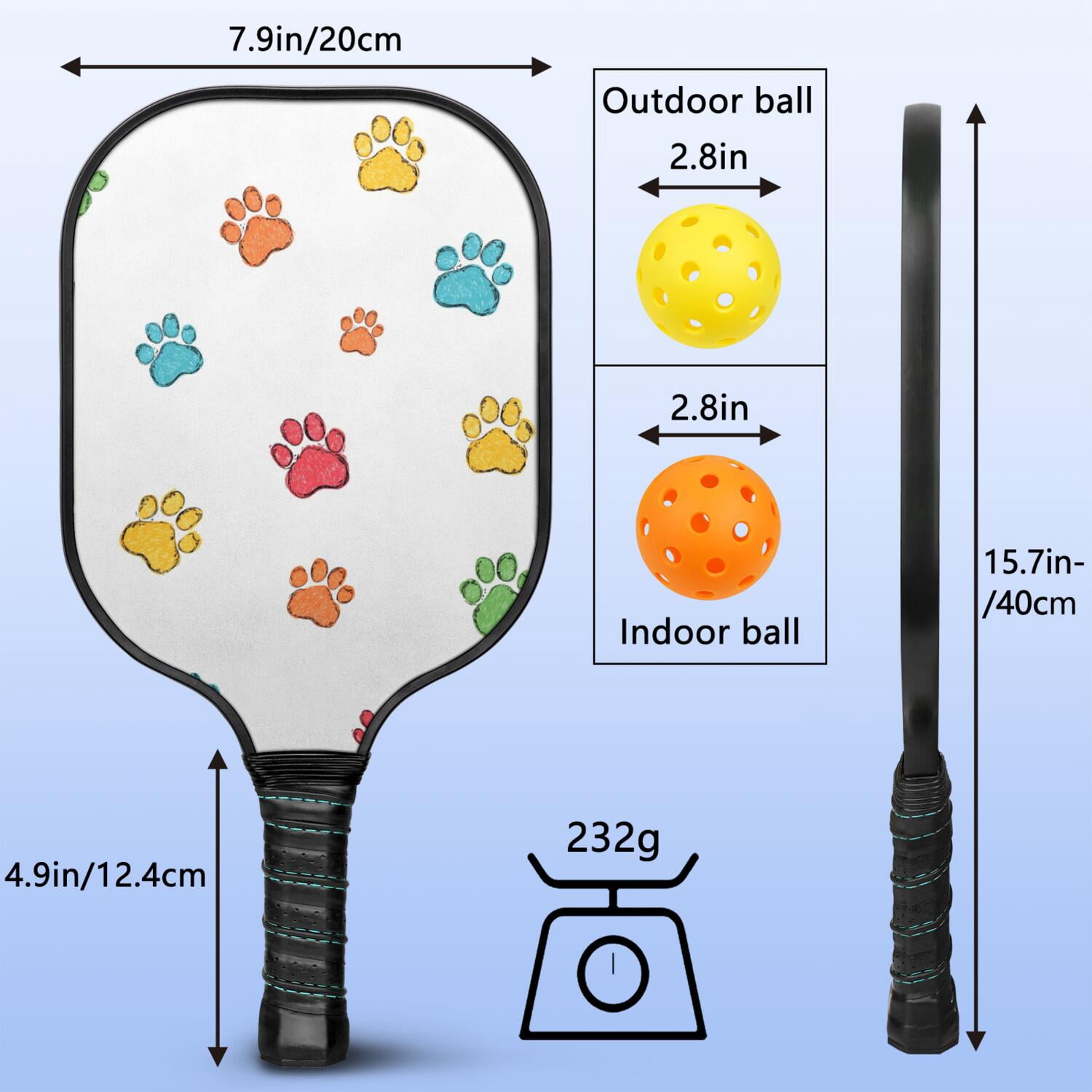Pickleball Paddles Set Of 1, Fiberglass Surface, Cats & Dogs Print, 1 Paddle, 2 Balls & Bag