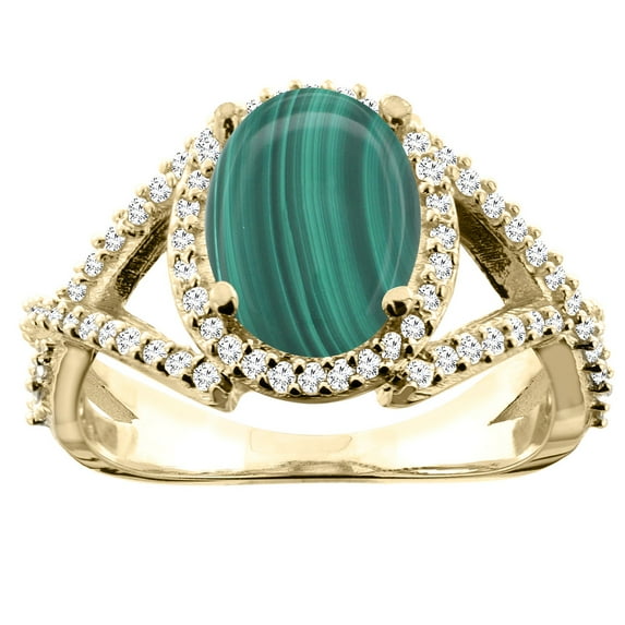 10K Yellow Gold Natural Malachite Ring Oval 10x8mm Diamond Accent, size 8