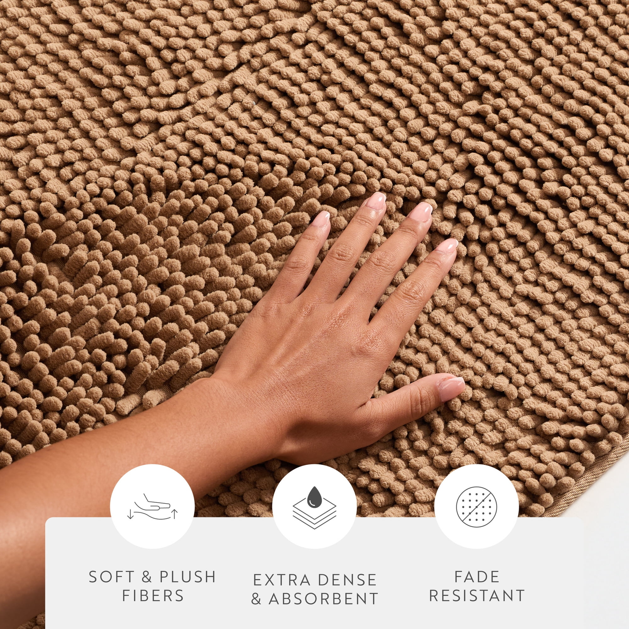 Soft Absorbent Chenille Bath Mat Rug with Anti-Skid Rubber Backing, 24 x 17, Mocha, by Noble Linens