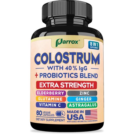 Parrox Colostrum Supplement Capsules, Grass Fed Cow Colostrum with 40% IgG, Probiotics Blend, Elderberry, Astragalus, Zinc, Ginger, Vitamin C, L-Glutamine, 8 in 1 Extra Strength Bovine Boost(60 Caps)