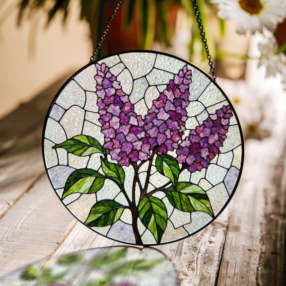 Purple lilac flowers round stained glass suncatcher spring window art gift for mom or garden lover