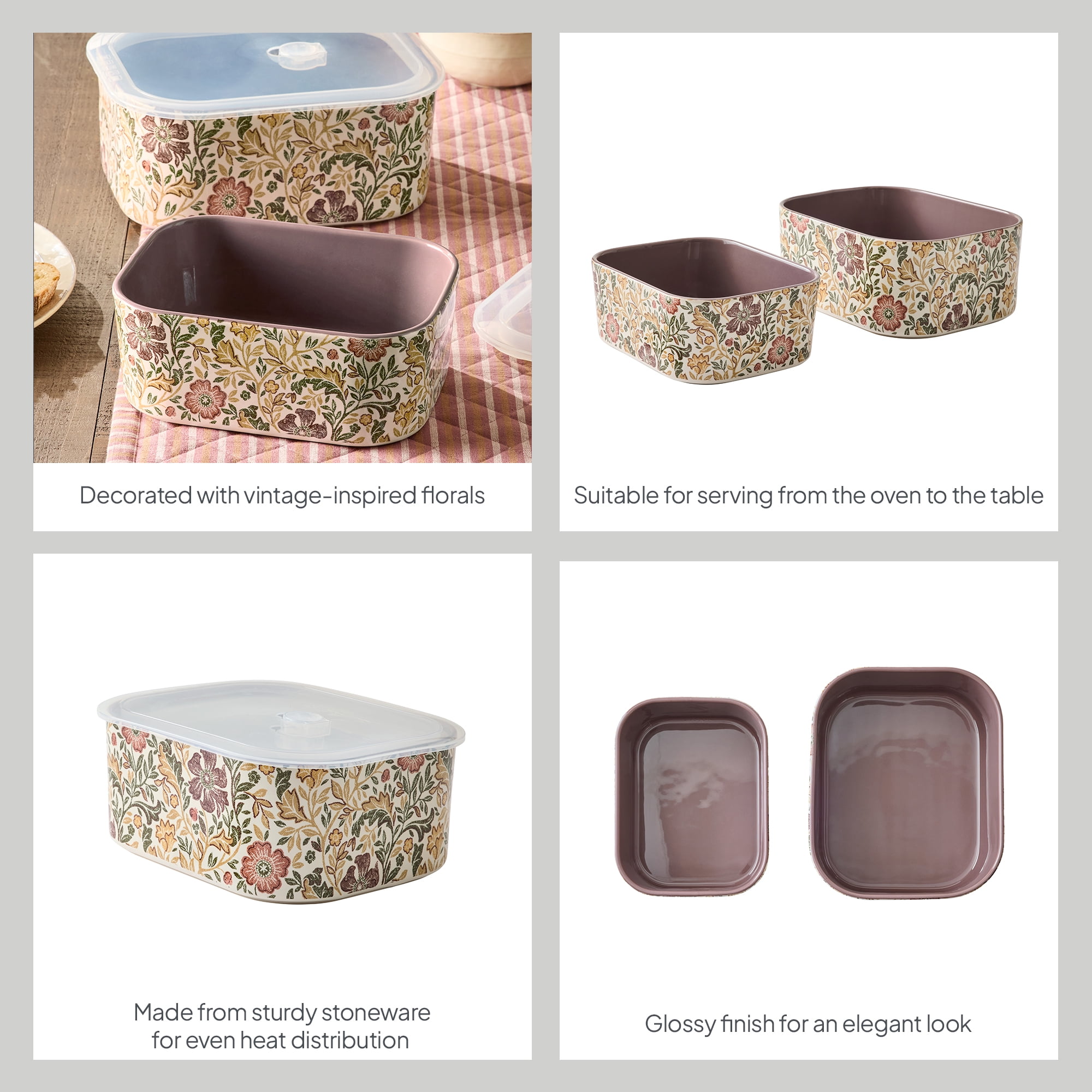 Better Homes & Gardens Edith Vine Floral 4-Piece Stoneware Baking Dish Set with Lids