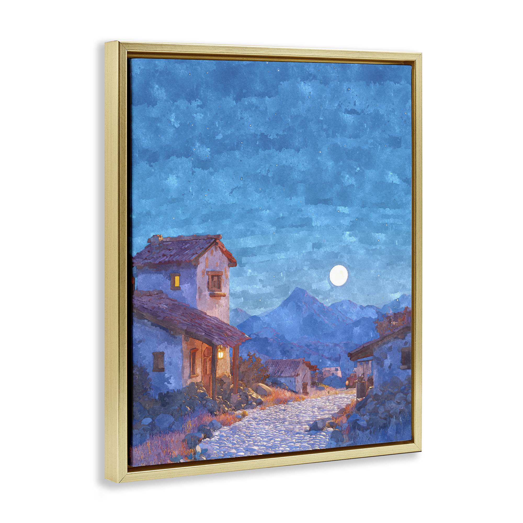 Moon over Quiet Town Gold Framed Floater Canvas Wall Art, design by Ziwei Li