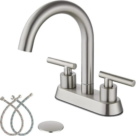 

2 Handle Bathroom Sink Faucet Brushed Nickel 4 Inch Centerset Faucet with Swivel Spout Pop Up Drain Stopper and Water Supply Lines RV Bathroom Faucet 3 Holes