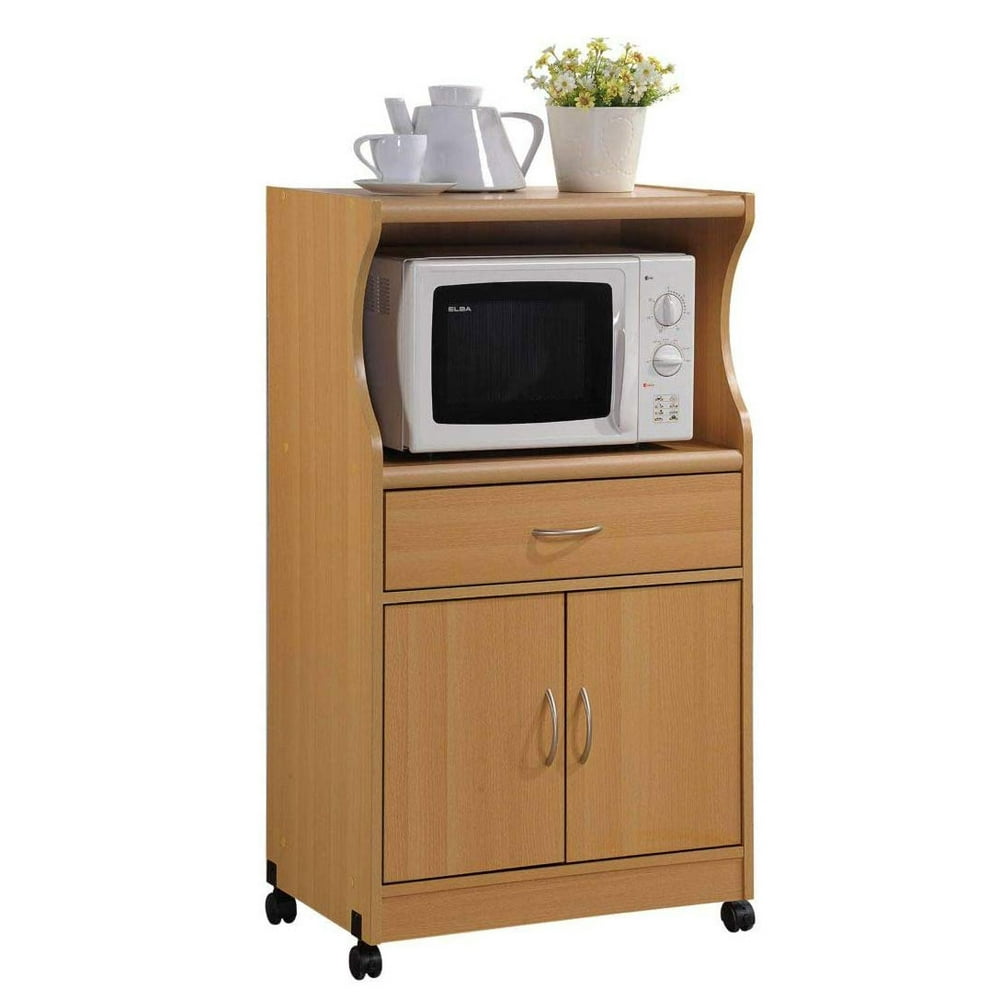 Hodedah Wheeled Microwave Island Cart with Drawer and Cabinet Storage