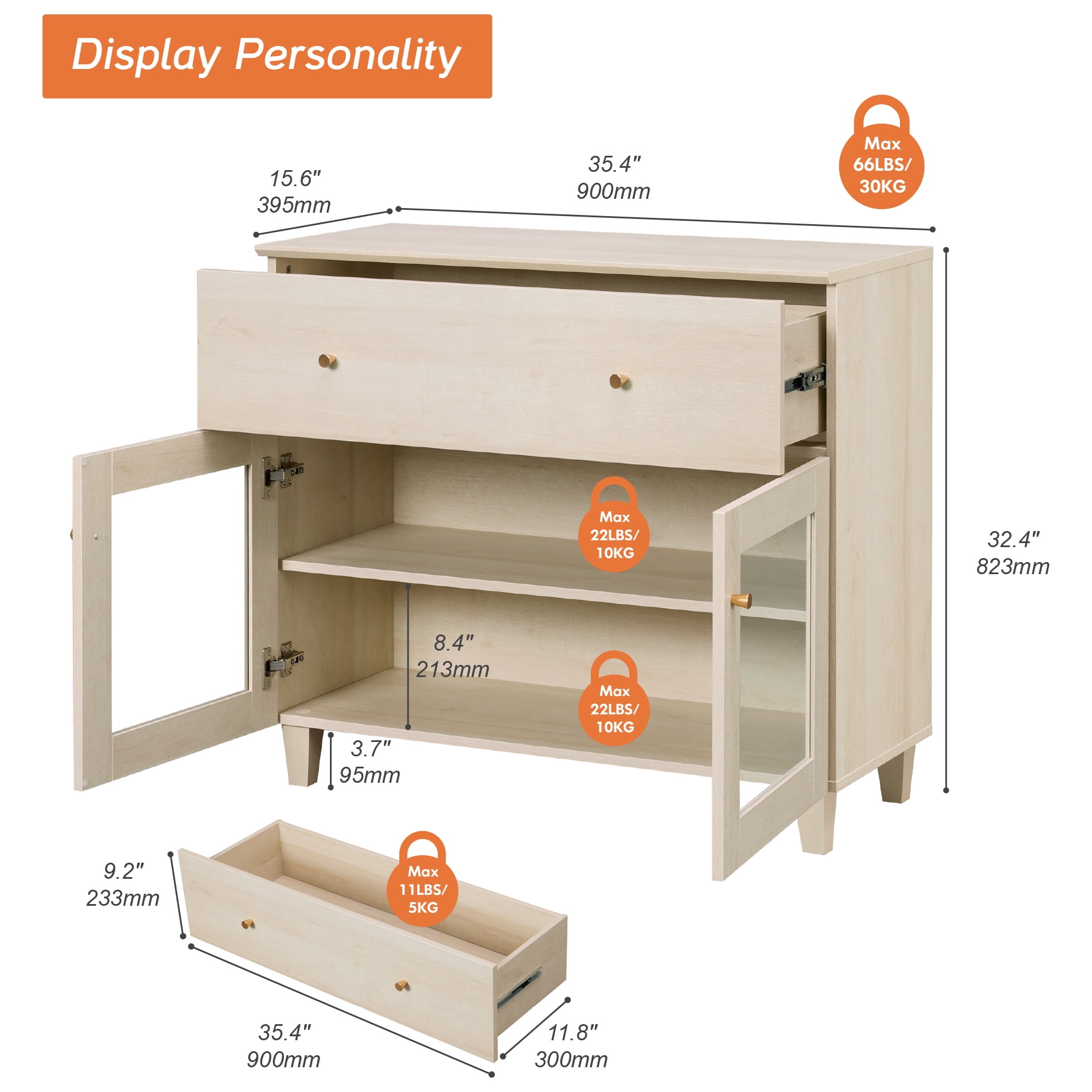 Large Bedroom Nightstand with Glass Doors, Tall Bedside Table with Drawer, Shelf and Cable Management, White Oak