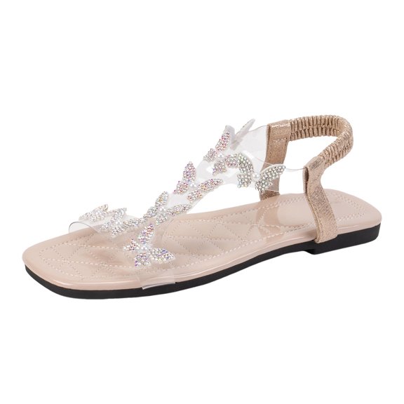 Butterfly Flats Sandals for Women 2025 Summer Casual Glitter Rhinestones Square Toe Dress Sandals Wedding