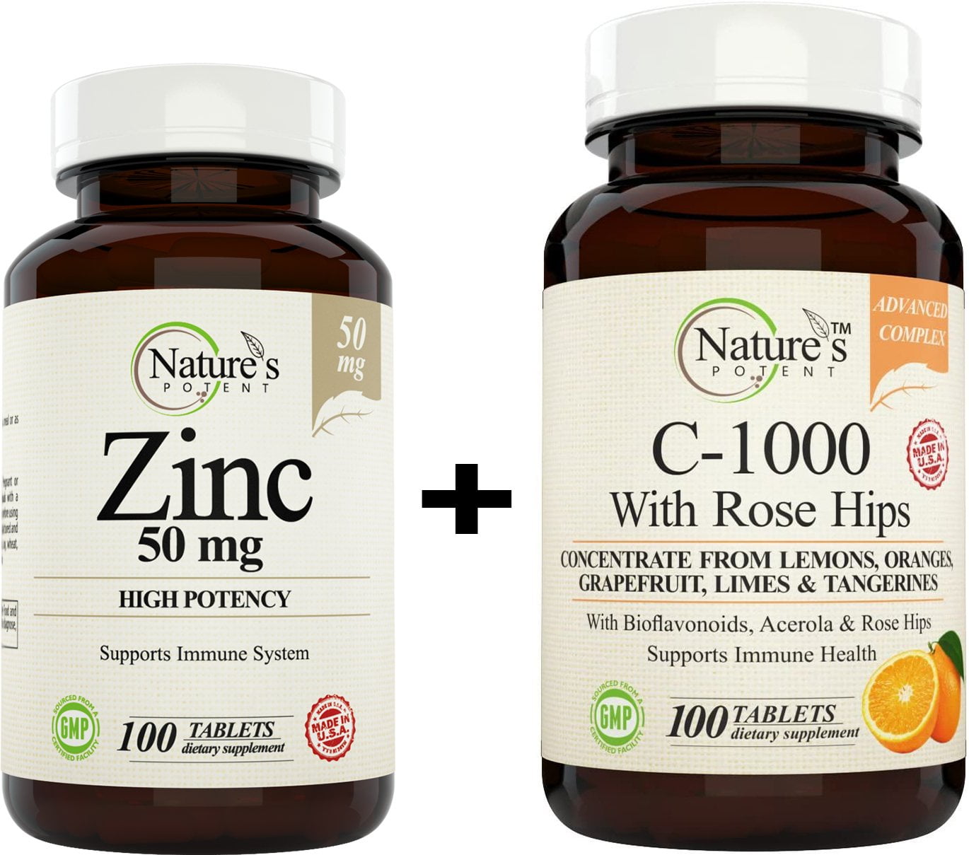 Zinc 50mg + Vitamin C 1000mg Supplement for Immune System Support (100